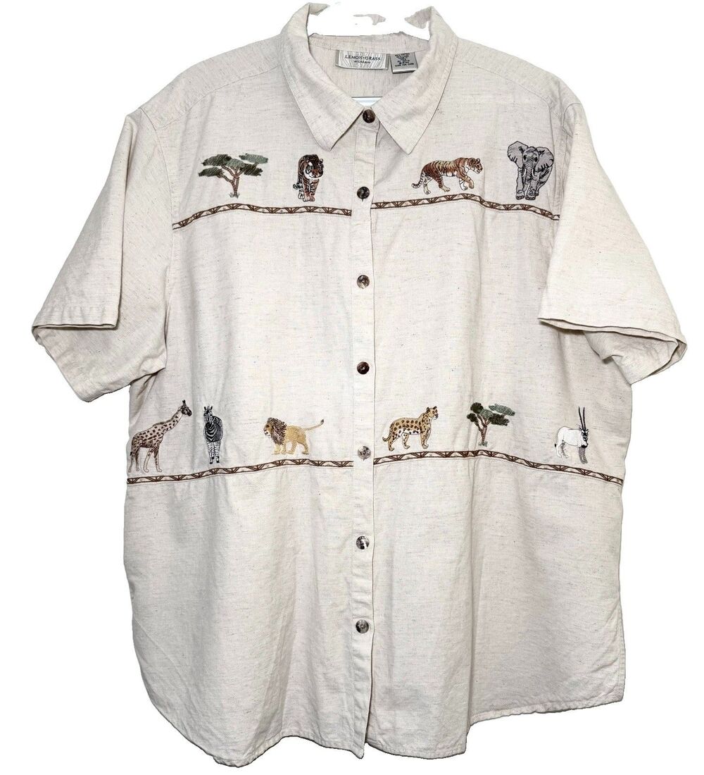 Vintage Lemon Grass Safari Shirt Womens 24W Linen Blend Embroidered Animals